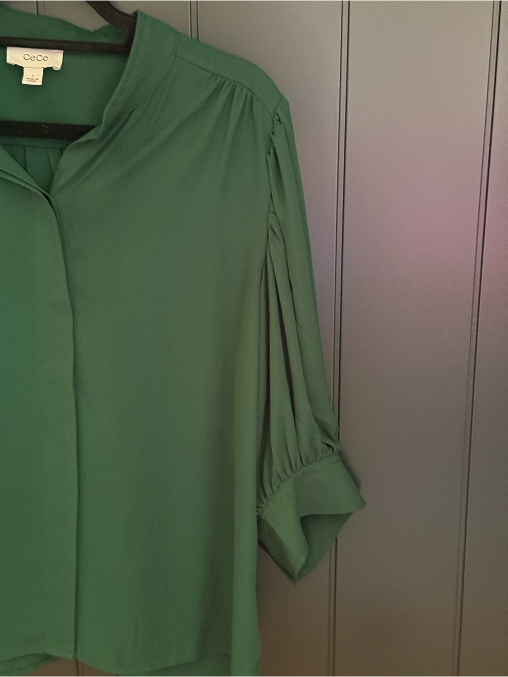 🌲 CeCe Women's 3/4 Sleeve Button Down Dark Forest Green Collar Blouse - Size L - Picture 6 of 12
